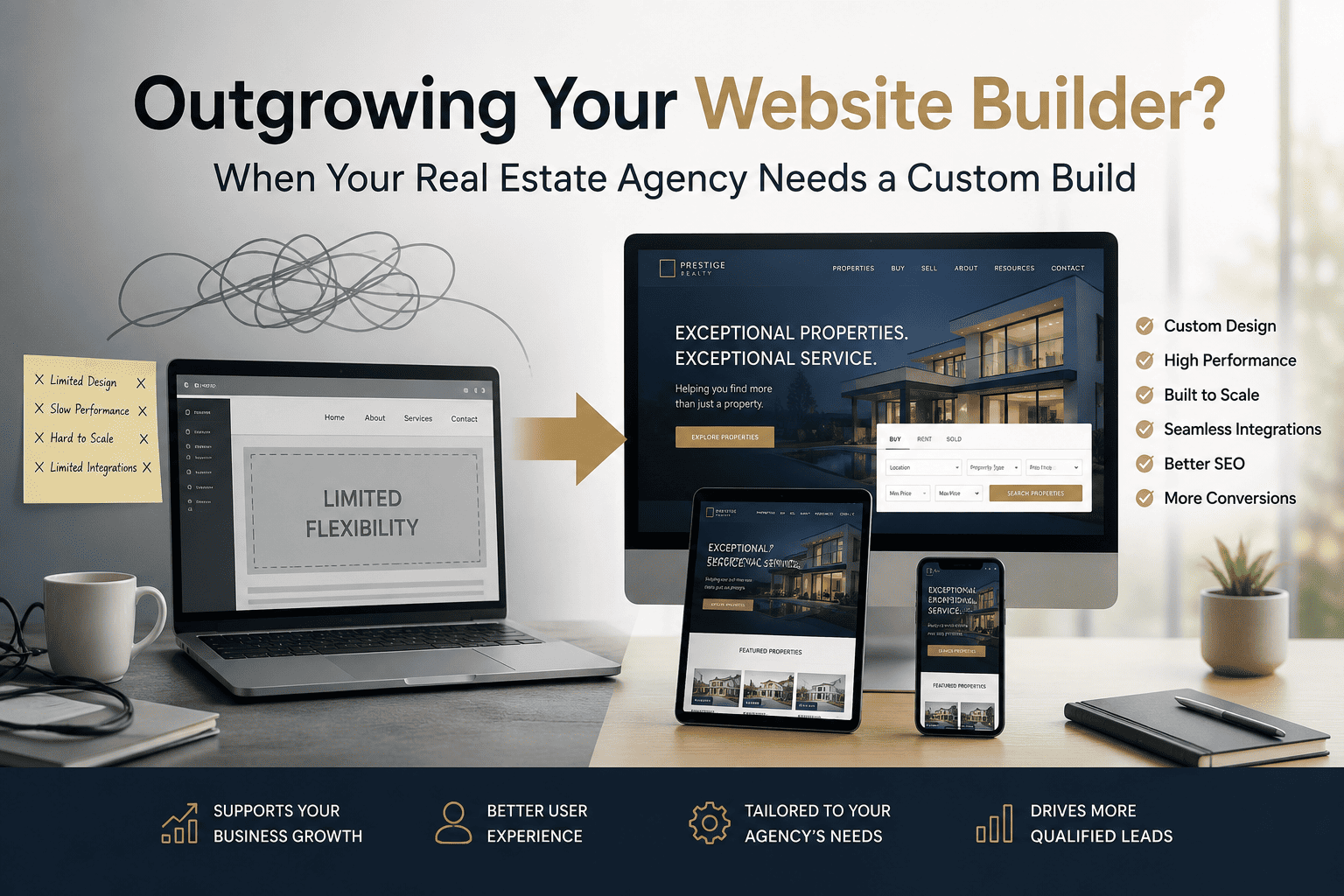 Illustration of a real estate agency outgrowing a website builder and moving to a custom website.